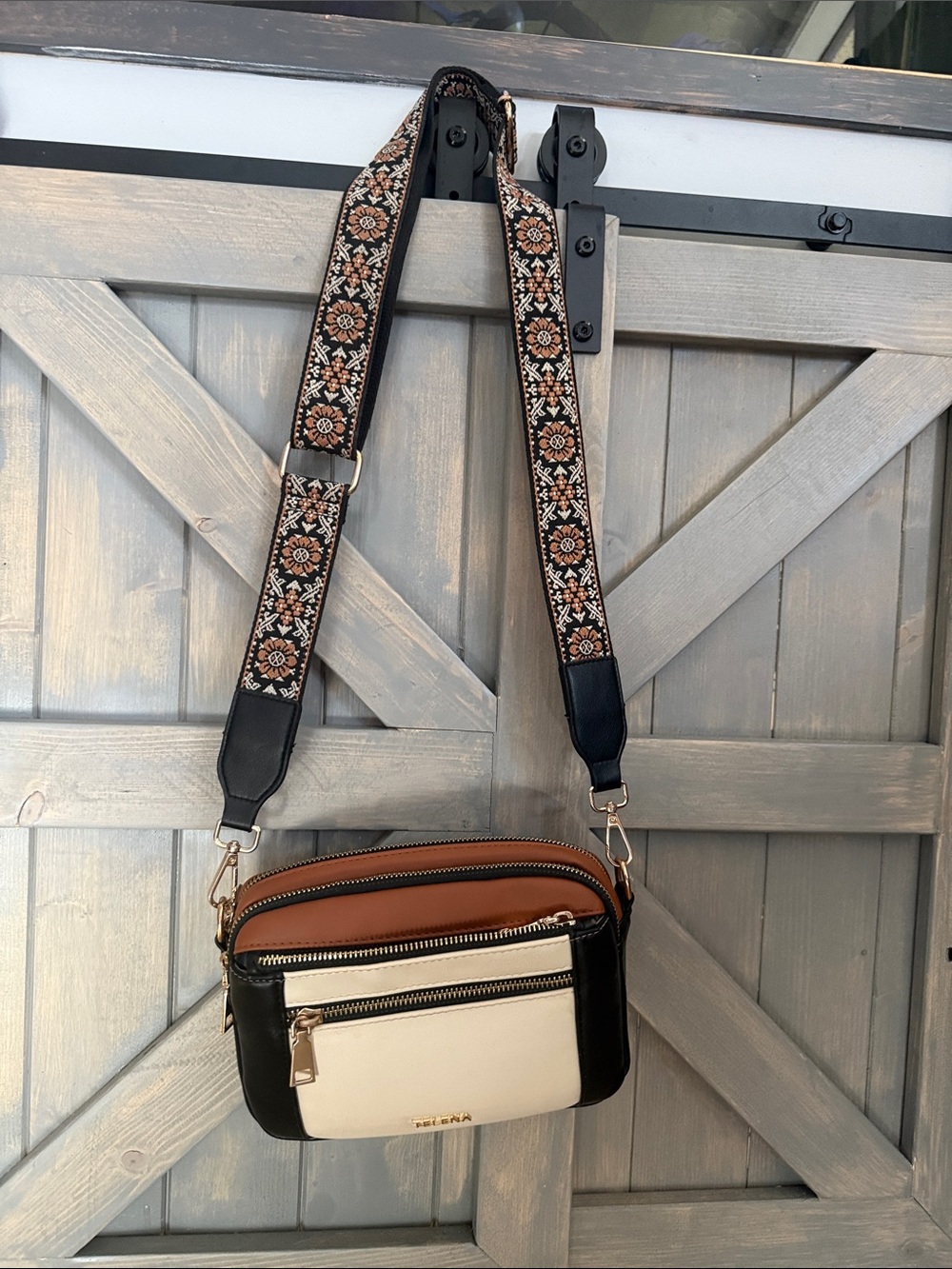 Trio-Panel Crossbody Bag with Embroidered Strap - Black, White & Brown